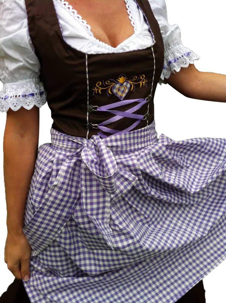 Donnerlittchen! Midi-Dirndl Braun Mit Lila Herzen - Inklusive Bluse & Schürze Gr. 32-46